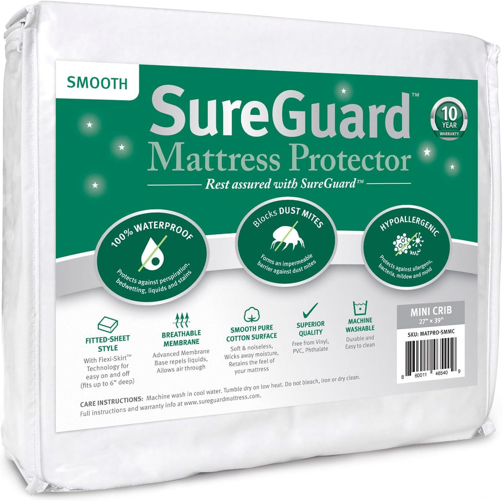 SureGuard Mini Crib Mattress Protector - 100% Waterproof, Hypoallergenic - Premium Fitted Cotton Cover for Portable Pack n Play - Smooth