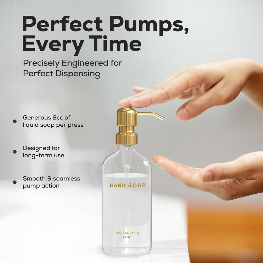 Luxury Glass Soap Dispenser Set by Brighter Barns - Hand and Dish Soap Dispenser for Kitchen Sink - Refillable Glass Bottles with Stainless Steel Pumps - Modern Gold Kitchen Decor & Accessories (Gold)