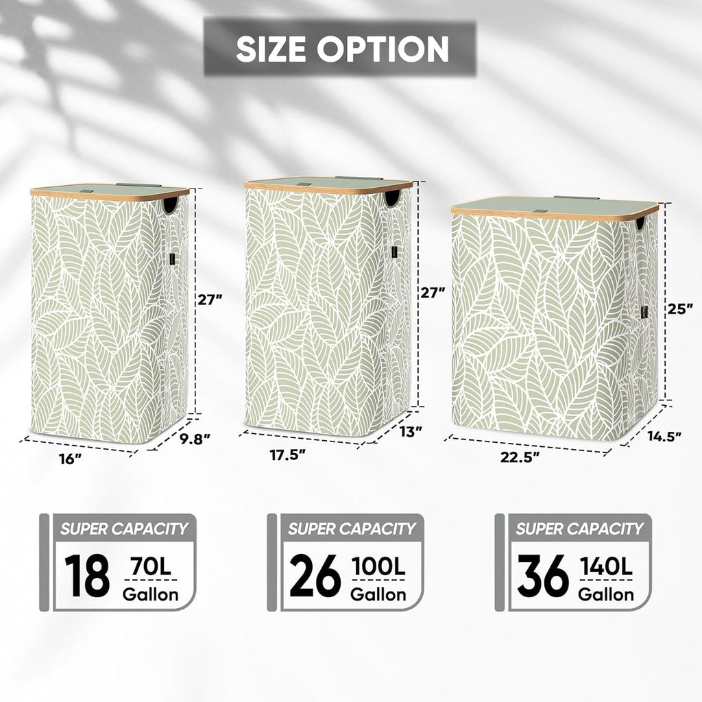 BALEINE Laundry Hamper with Lid, Tall Laundry Baskets with Bamboo Pull Handles, Large Laundry Bin with Internal Support (36 Gal/140L, Antique Foliage)
