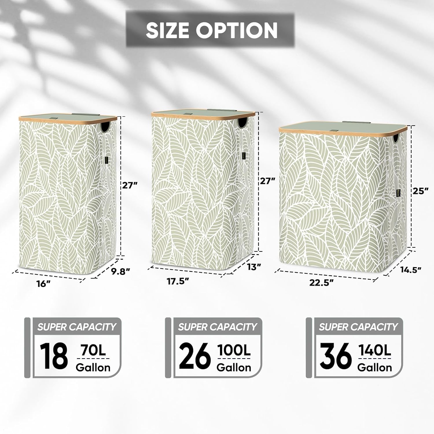 BALEINE Laundry Hamper with Lid, Tall Laundry Baskets with Bamboo Pull Handles, Large Laundry Bin with Internal Support (36 Gal/140L, Antique Foliage)