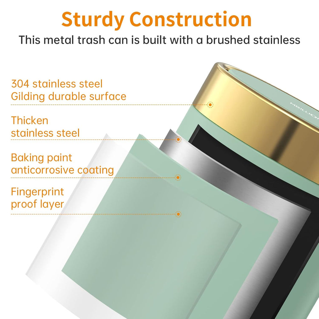 Mini Trash Can with Lid, Desktop Small Trash Can Recycling Bin Cute Metal Garbage Can for Tabletop Countertop Use,Stainless Steel 0.4Gal/1.5L Waste Bin for Office Parlor Car Bedroom,Light Green
