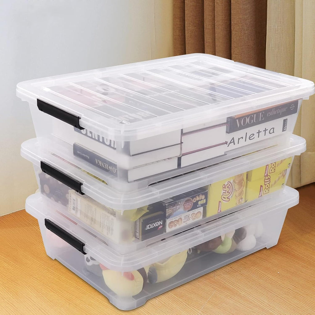 40 Quart Clear Plastic Underbed Storage Container, Wheeled Latching Storage Box for Shoes, Bags, Clothes, Set of 3
