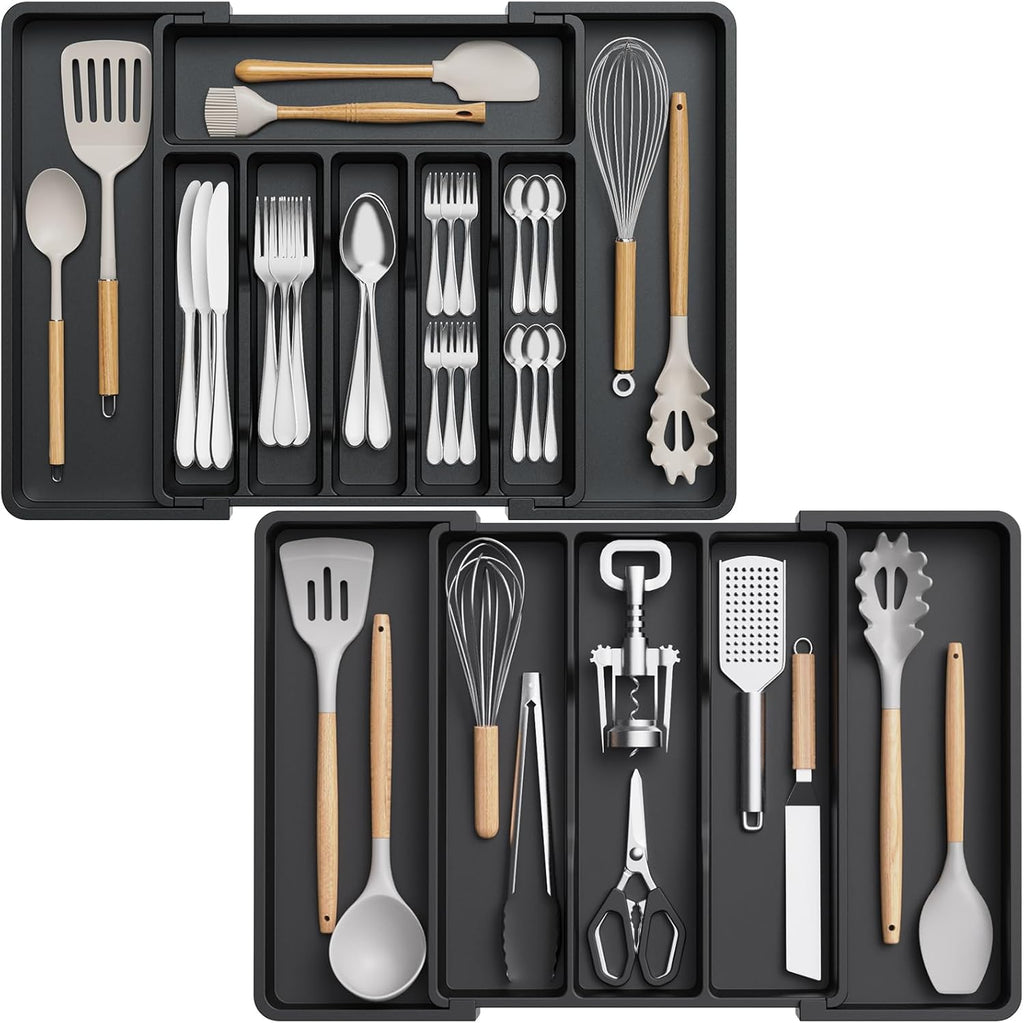 Lifewit Silverware Drawer Organizer and Utensil Organizer Set, Expandable Cooking Cutlery Tray for Kitchen, Adjustable Plastic Flatware Holder Storage Divider for Spoons Forks Knives, Large, Black