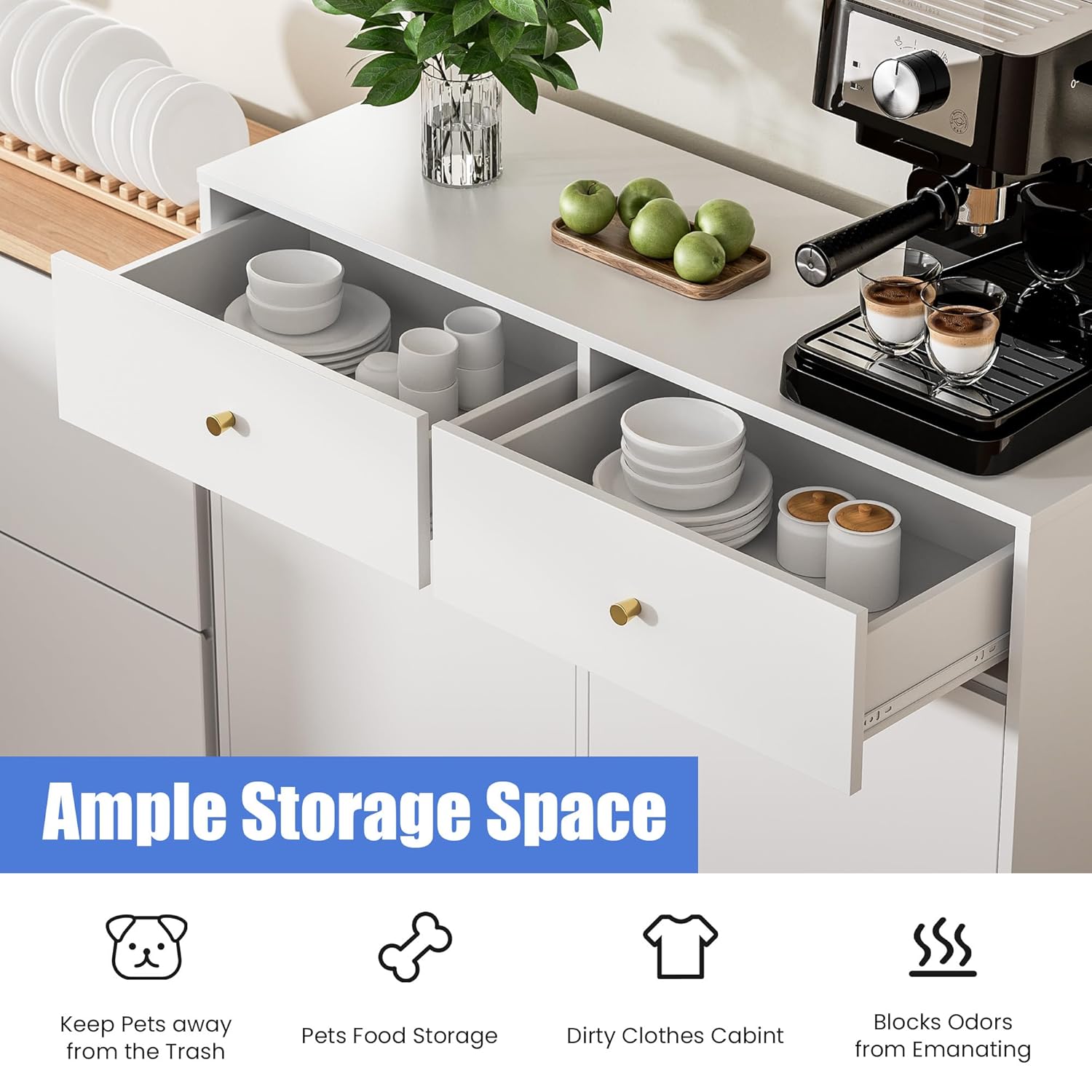Double Tilt Out Trash Can Cabinet with 2 Drawers, Trash Storage Cabinet, Hidden Garbage Bin, Free Standing Laundry Sorter Organizer for Kitchen Dining Living Room, Bathroom, White