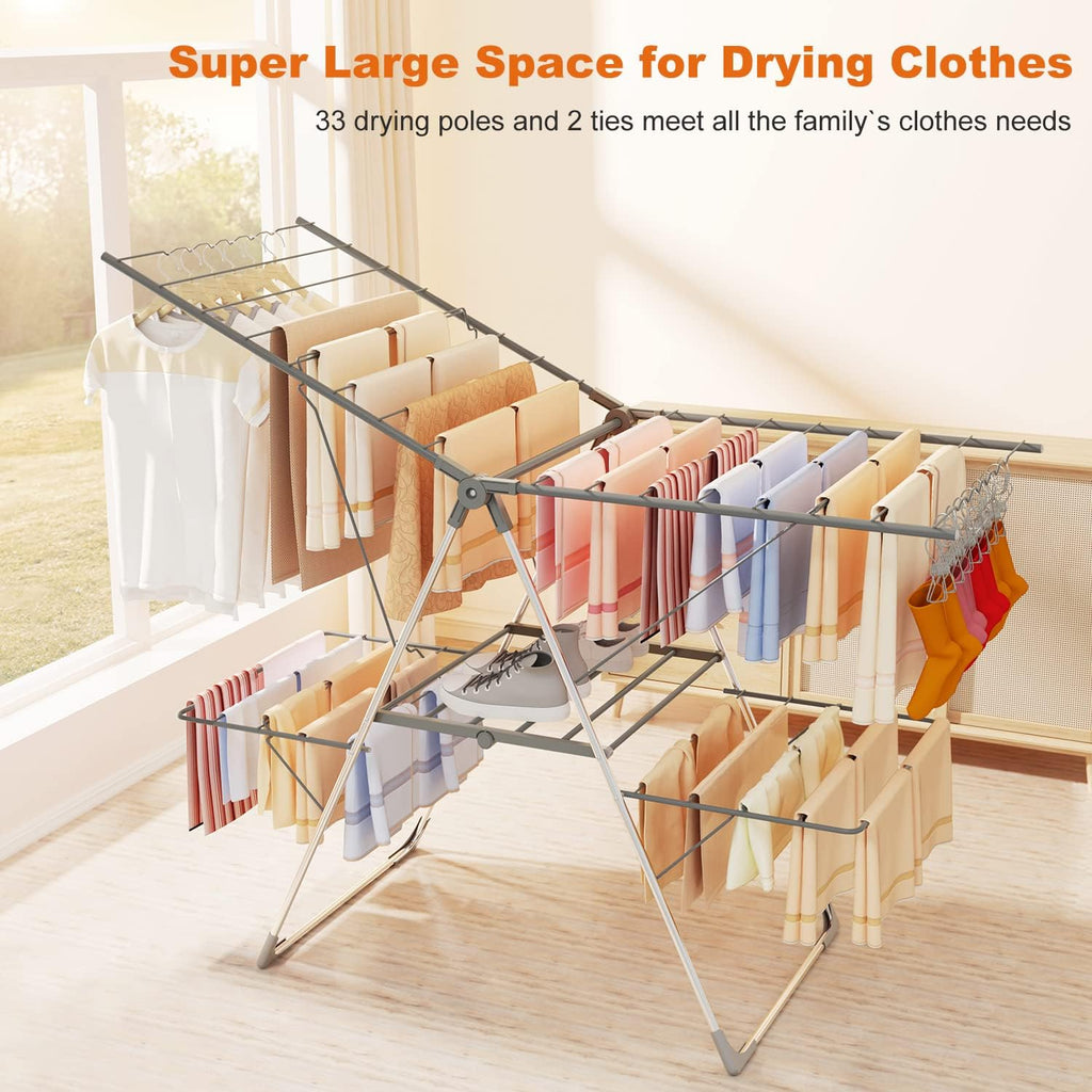 Bigzzia Clothes Drying Rack Foldable, 2-Level Large Laundry Drying Rack Collapsible, Stainless Steel Drying Rack Clothing for Indoor Outdoor, Easy to Fold, 33 Drying Rails, 142cm, Gray