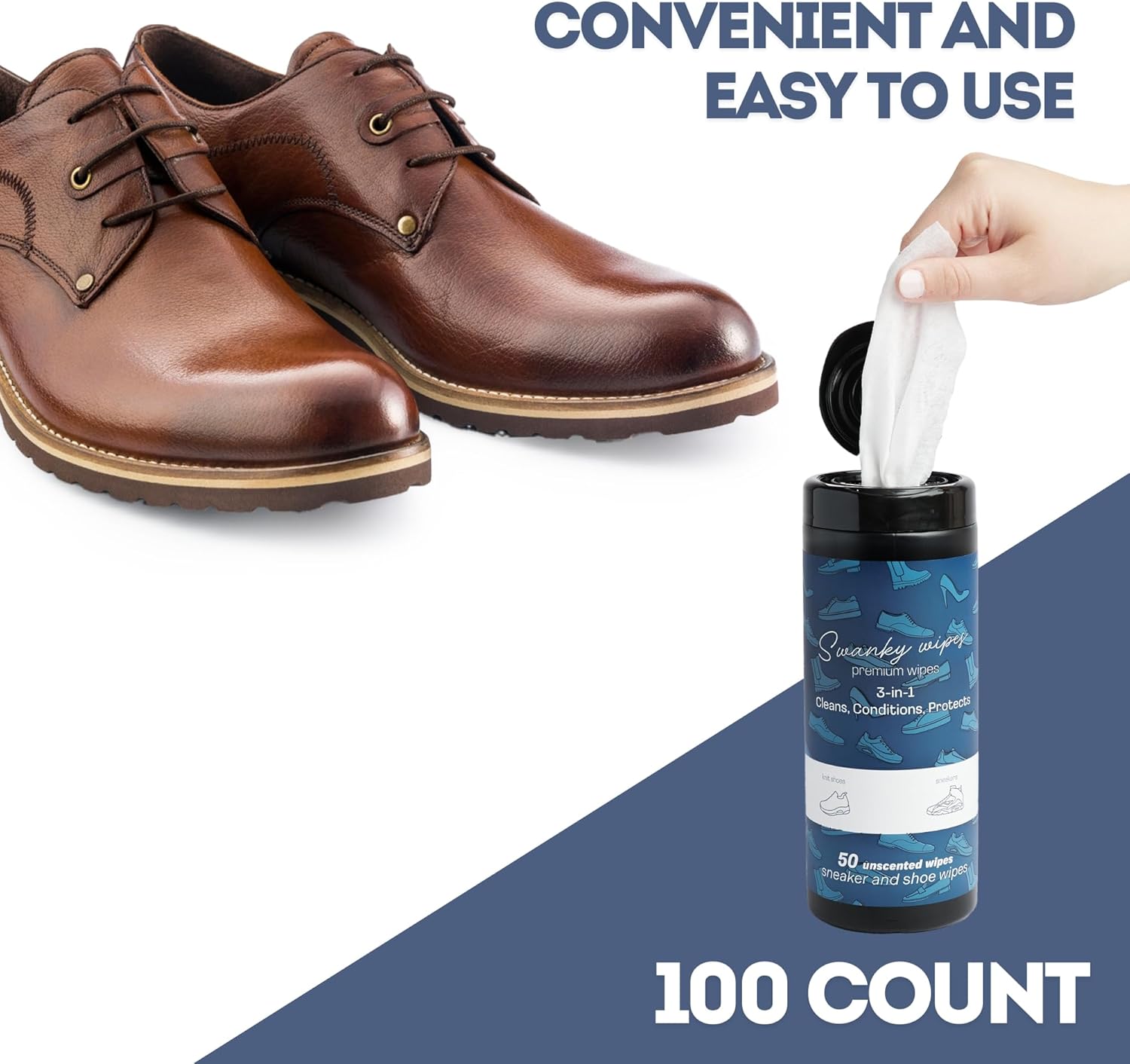 Swanky Shoe Cleaner Wipes - Leather and Sneaker Cleaner, Removes Dirt, Grime and Stains, Quick & Easy Shoe Sole and Boot Cleaning Wipes, Essential Shoe Cleaning Supplies - Canister, 100 Count, White