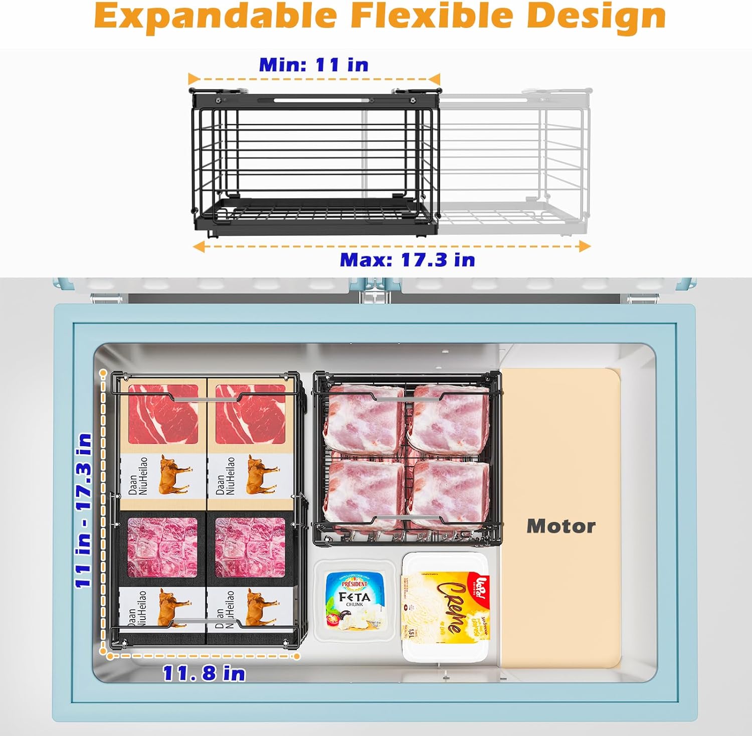 NADAMOO Freezer Organizer Bins, 3 Packs Large Expandable Stackable Chest Freezer Containers with Handle, Metal Adjustable Storage Baskets for Fridge, Deep Freezer, Cabinet, Kitchen, Pantry - Black