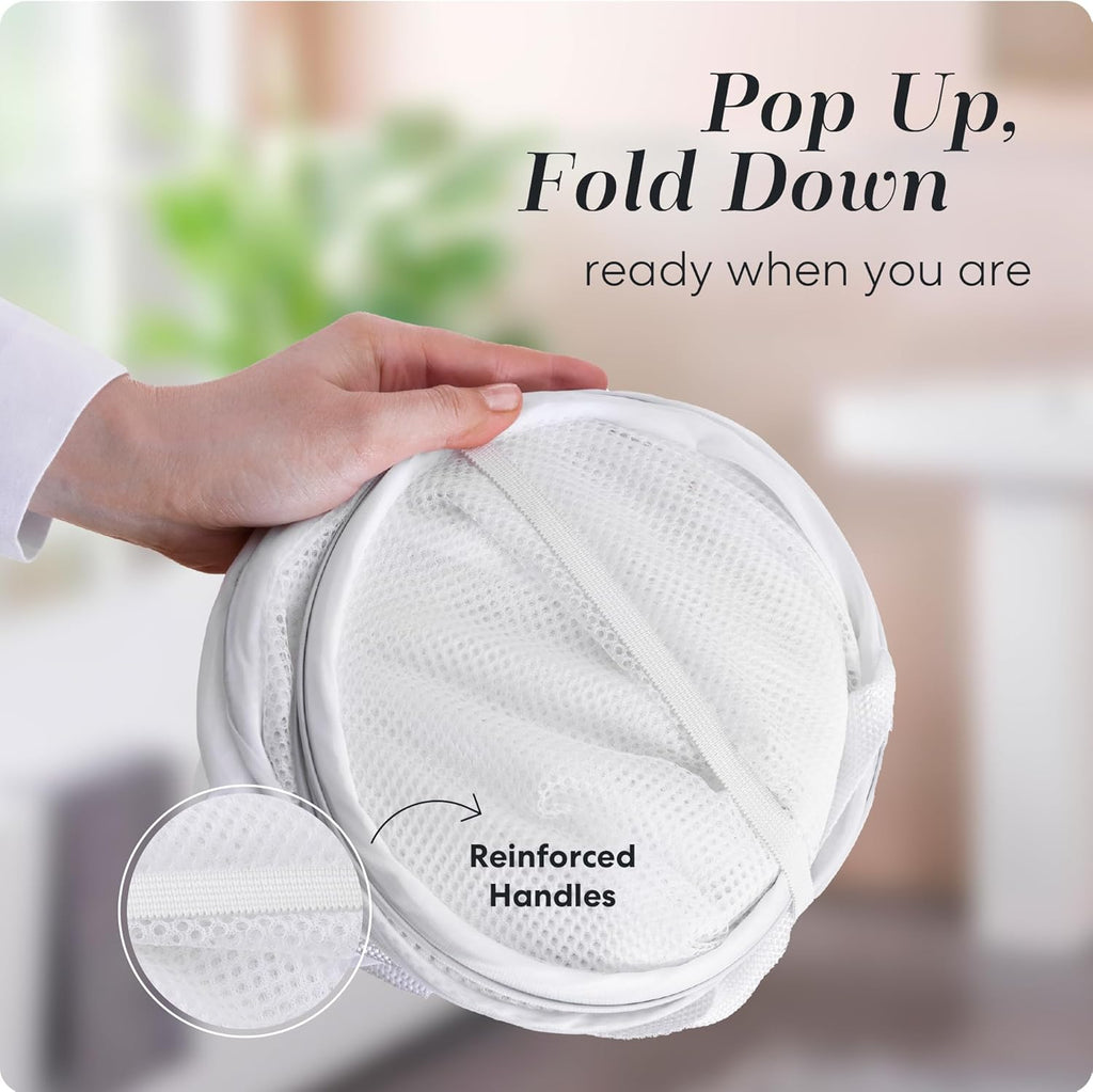 Handy Laundry Collapsible Mesh Pop Up Hamper with Wide Opening and Side Pocket - Breathable, Sturdy, Foldable, and Space-Saving Design for Clothes and Storage (White | 2-Pack)