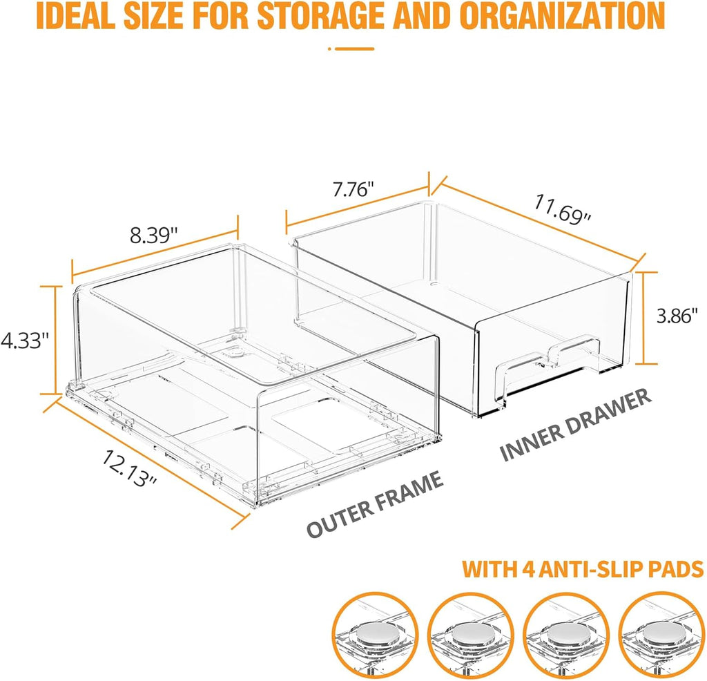 2 Pack Stackable Storage Drawers - Clear Refrigerator Drawers for Refrigerator Organizers and Storage, Acrylic Fridge Drawer Organizer with Handles for Bathroom, Undersink, Cabinet, Pantry, etc