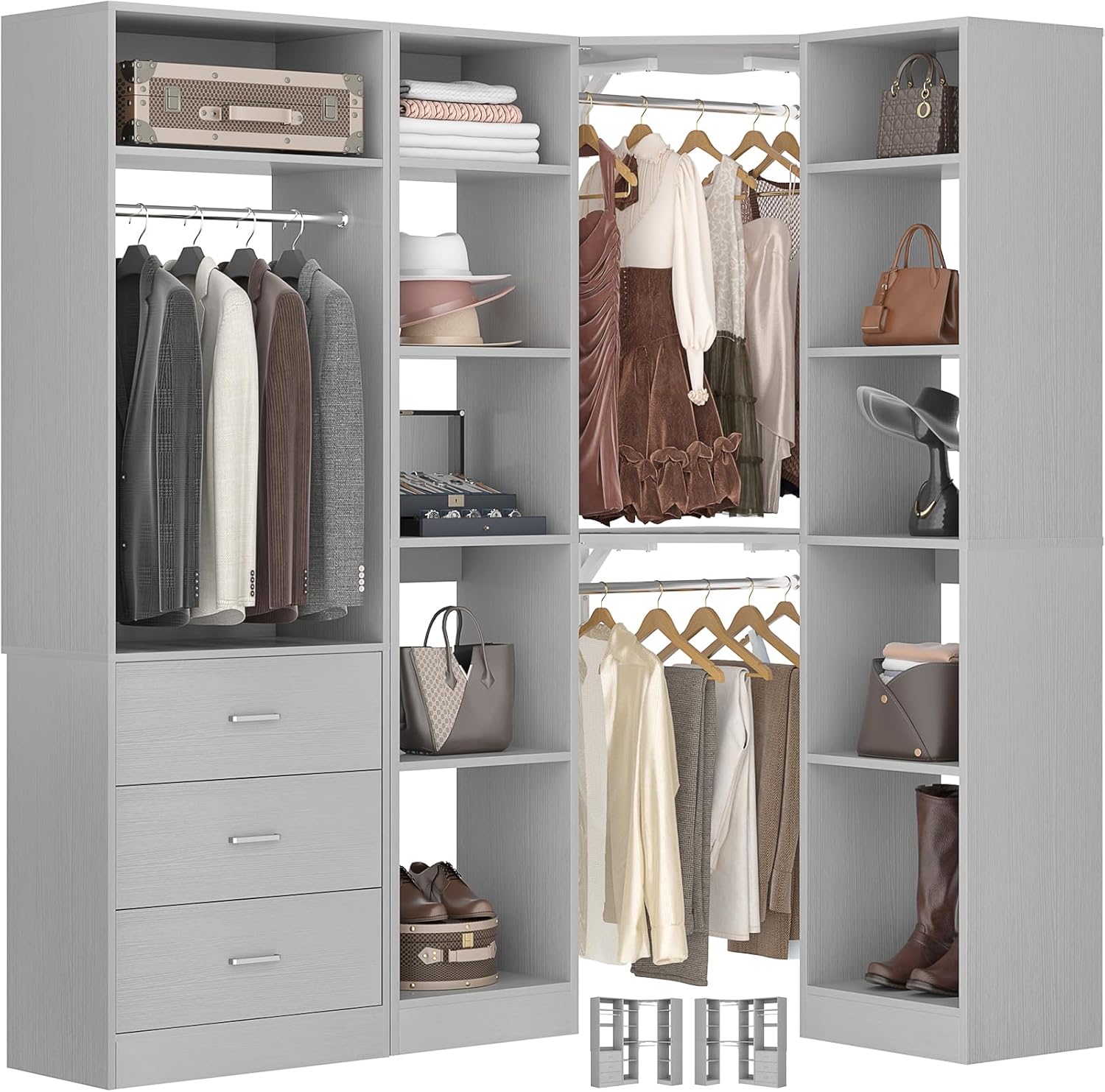 Corner Closet System with 3 Drawers, Corner Closet Organizer System with 13 Shelves & 3 Hanging Rods, 63.2"L * 39.2"W Reversible L Shaped Walk-in Closets, Load 2000+LBS, Grey