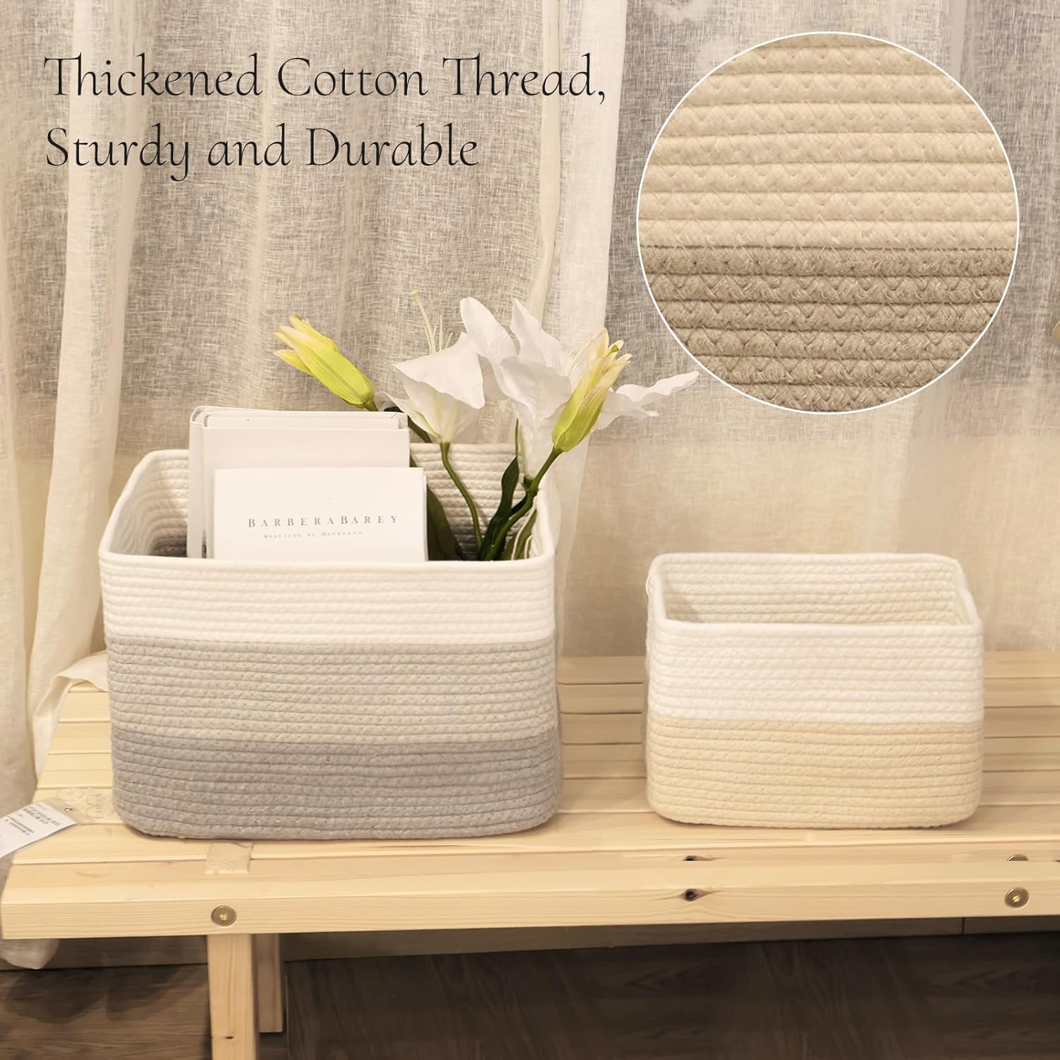 Hopegiver Woven Storage Baskets 15x11x10 Inch, 1 Pack Collapsible Cube Storage Bin for Shelves - Foldable Cotton Rope Organizer Bins for Towels, Toys, Books, Closet, Nursery (White Light-Gray Gray)