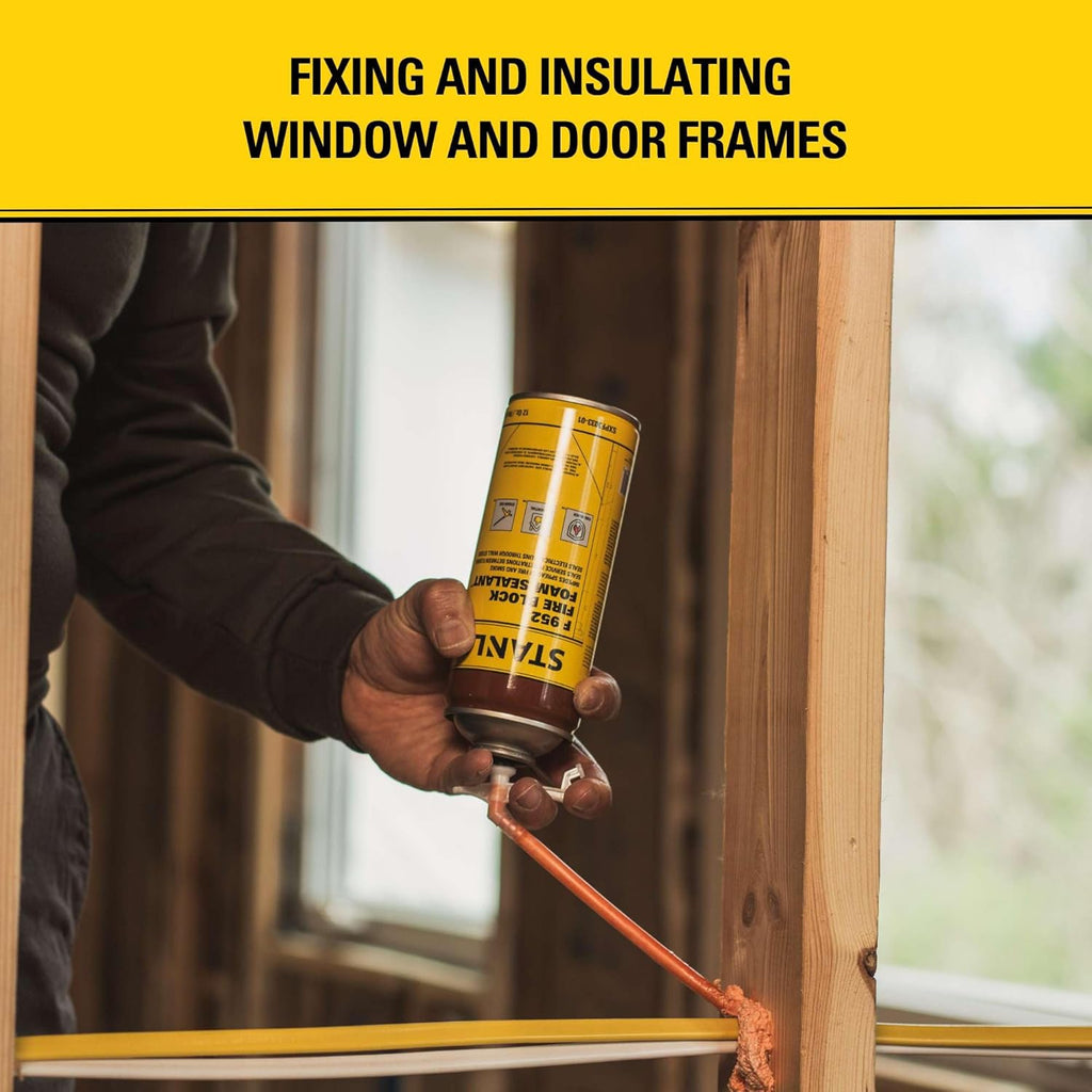 Stanley F952 Fire Block Spray Foam – (12x12oz) Fire Rated Expanding Polyurethane Foam Sealant for Gap Filling & Sealing on Doors, Windows, Walls, Pipes & Joints – Indoor/Outdoor Straw Use | 12 Pack