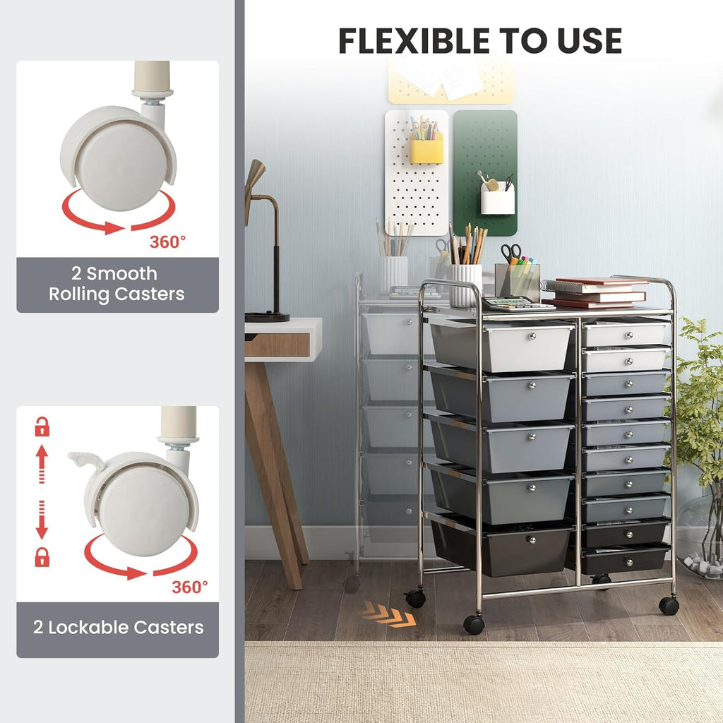 GOFLAME 15-Drawer Rolling Storage Cart, Multipurpose Movable Organizer Cart, Utility Cart for Home, Office, School, Gray Gradient