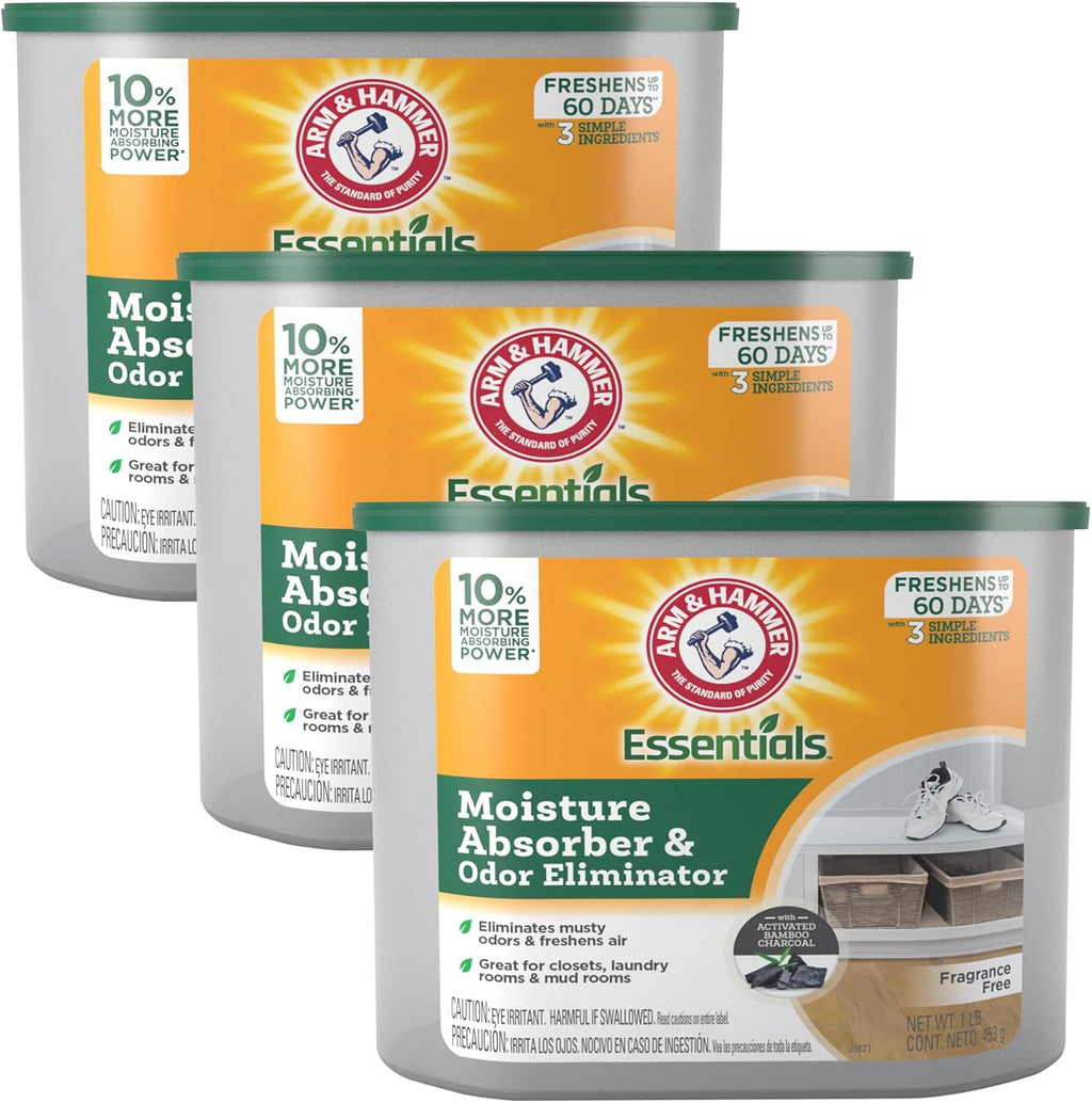 Arm & Hammer Essentials Disposable Moisture Absorber and Odor Eliminator Tub, Fragrance Free, 1 lb., Attracts and Traps Excess Moisture, Ideal Closet Dehumidifier (Pack of 3)