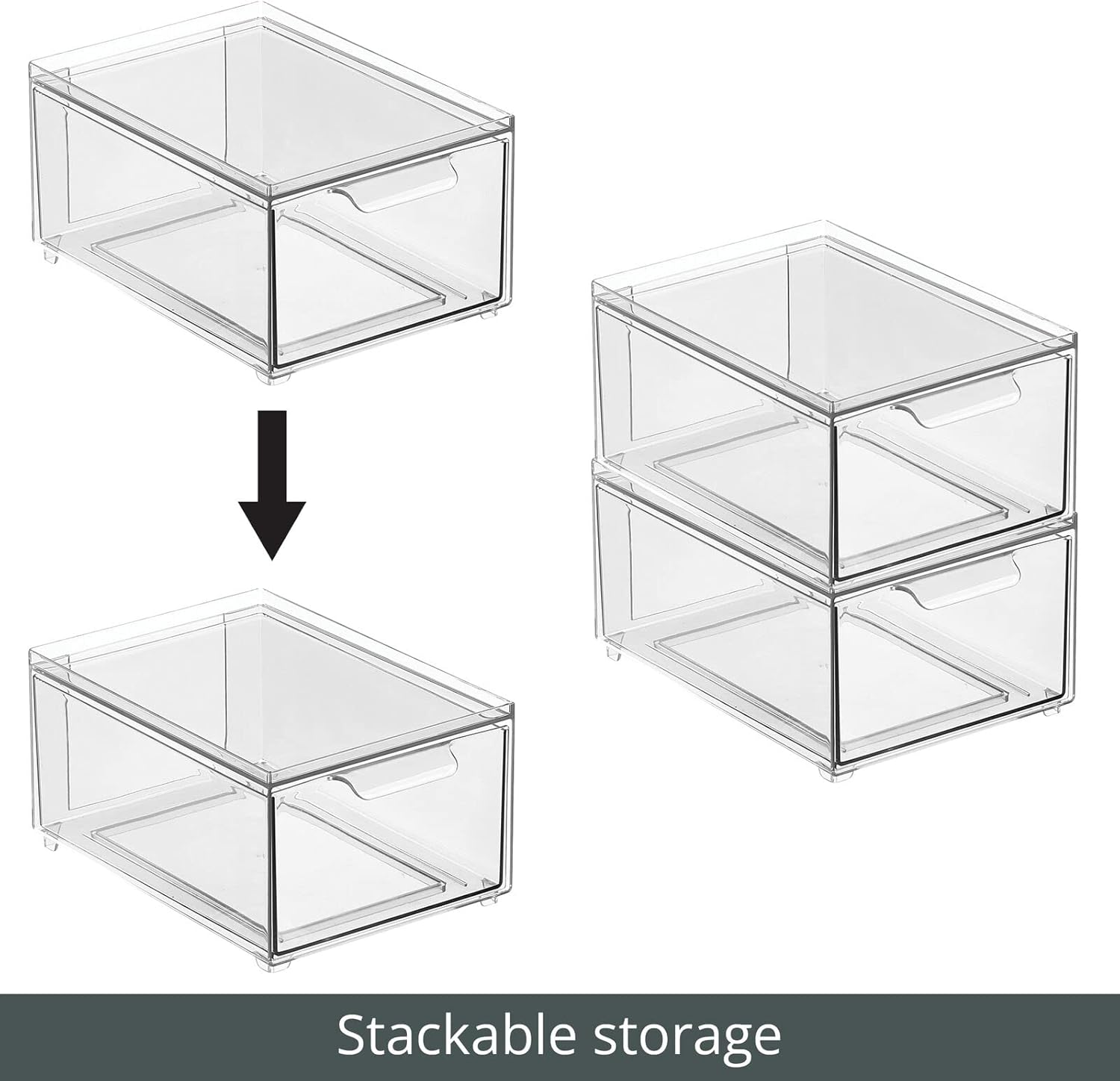 mDesign Stackable Storage Containers Box with Pull-Out Drawer - Stacking Plastic Drawers Bins for Kitchen Pantry and Cupboard, Cabinet, Counter, Island and Tables - Lumiere Collection - 2 Pack - Clear