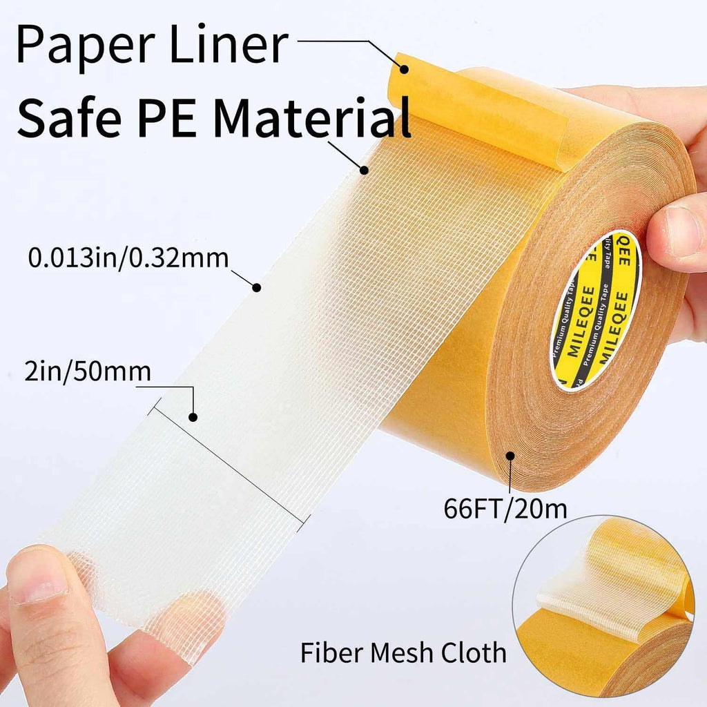 3Pack Double Sided Tape Heavy Duty, 2in x 66FT (198FT Total), Super Sticky Resistente Clear Tape, Universal High Tack Strong Wall Adhesive with Fiberglass Mesh,Easy Use Mounting Tape