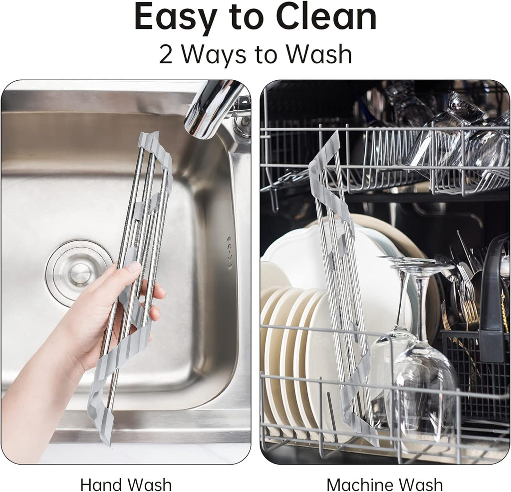 Tomorotec Triangle Roll-Up Dish Drying Rack for Sink Corner Small Foldable Stainless Steel Over The Sink Multipurpose Kitchen Drainer Caddy Organizer Storage Space Saver Shelf Holder (Gray)