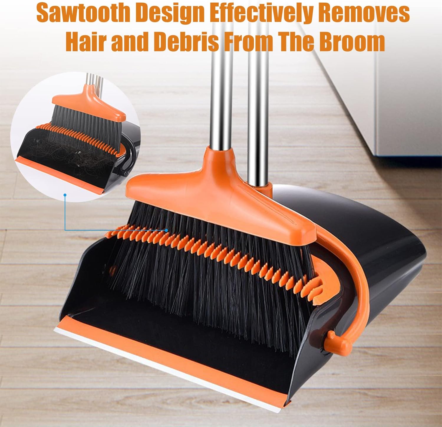 Broom and Dustpan Set with Long Handle and 6 Bonus Cleaning Tools, Upright Standing Combo with Self-Cleaning Teeth & Windproof Dustpan for Pet Hair, Home, Kitchen, Garage, Apartment