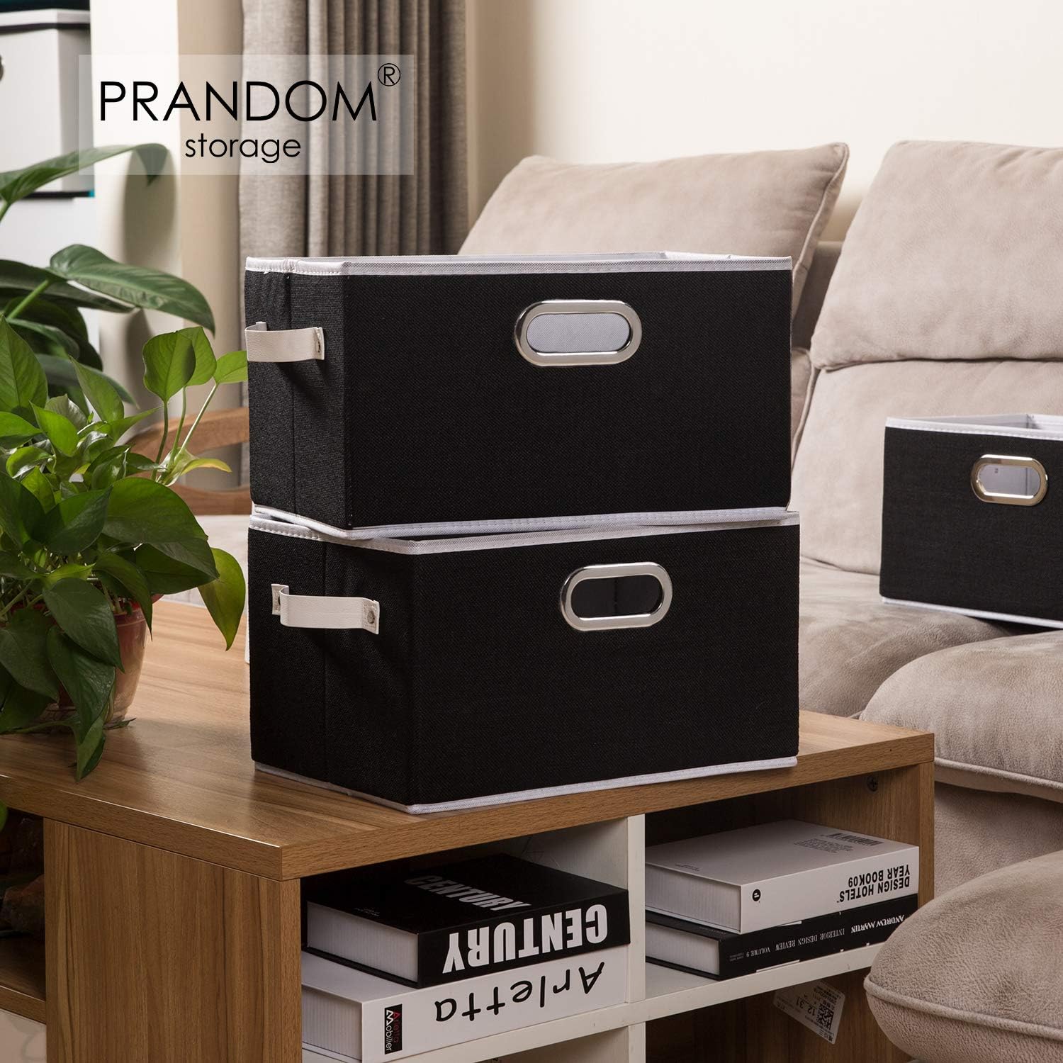PRANDOM Large Collapsible Storage Bins for Closet [5-Pack] Decorative Fabric Storage Baskets Cubes with Leather/Metal Handles for Shelves Bedroom Living Room Black (14.9x9.8x8.3 Inch)