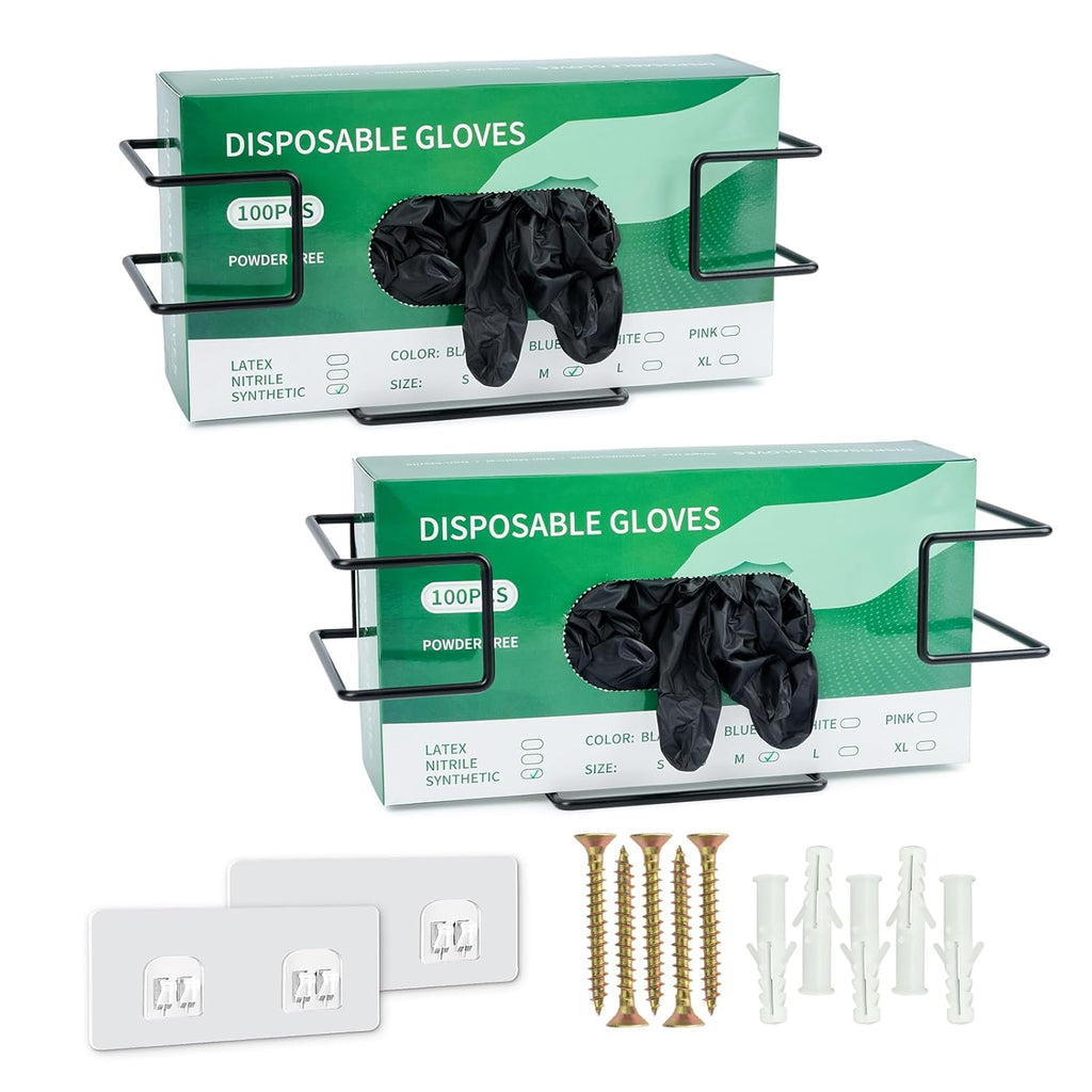 Glove Box Holder 2 Pack, Disposable Glove Dispenser Wall Mount, Metal Glove Rack Organizer for Rubber Latex Gloves Facial Tissue, Black
