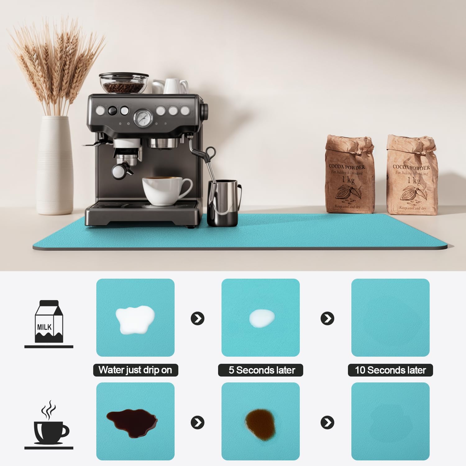 Dish Drying Mat for Kitchen Counter | Coffee Bar Mat for Countertops | Heat Resistant Drainer Mat with Non-slip Rubber Backed | Hide Stain Kitchen Absorbent Draining Mat | Turquoise 16"x18"