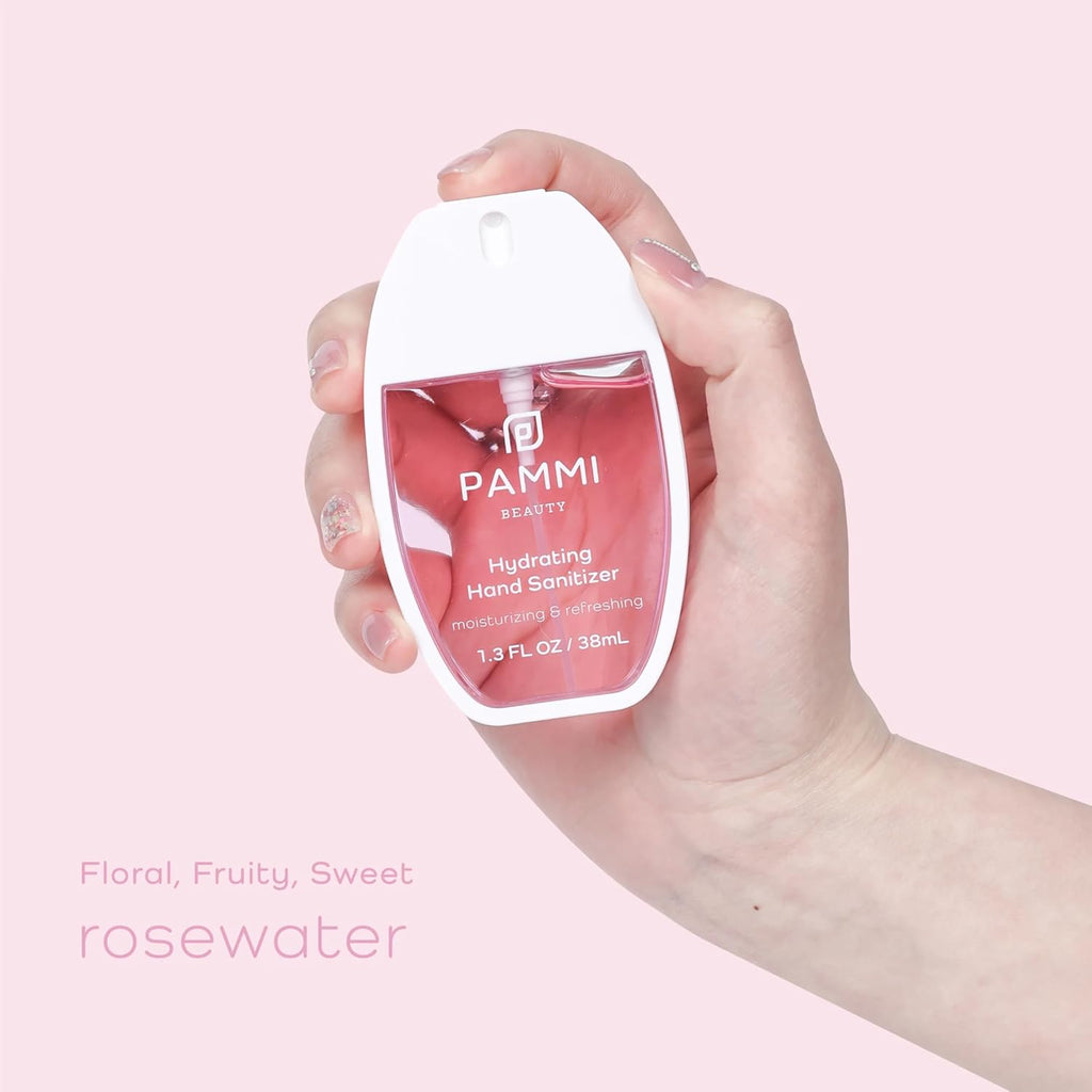 PAMMI Power Mist Hydrating Hand Sanitizer Spray, Portable Travel Size Pocket Hand Sanitizer, Scented Handsanitizer Mini Spray For Car - 600 Sprays (4 Packs (2 Rose and 2 Guava))