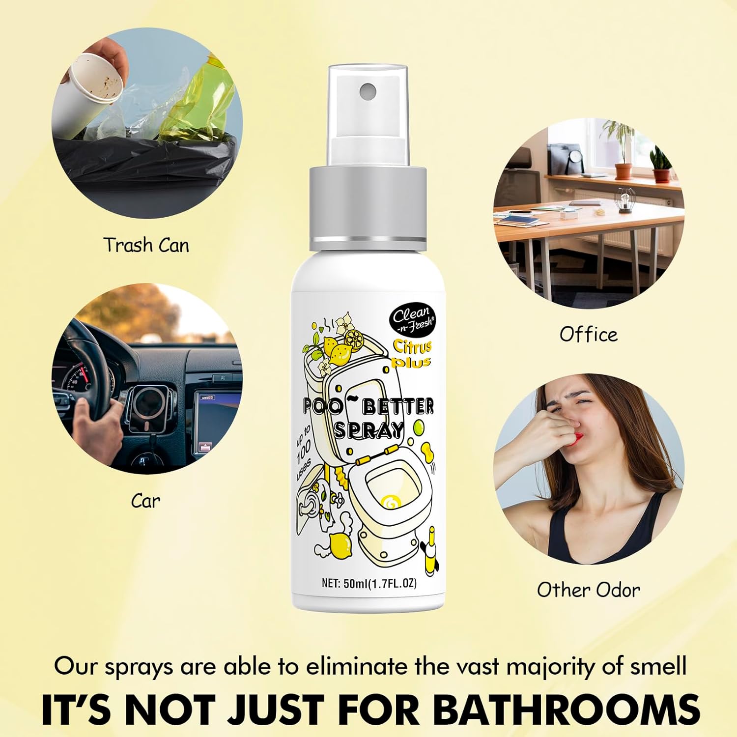 Clean-n-Fresh Toilet Spray, 8.5 Fl Oz Variety Pack of 5 - Citrus, Hibiscus, Lavender, Eucalyptus, Beach Coco, Travel Essentials Bathroom Odor Elimination, Air & Toilet Freshener, Each 1.7 Fl Oz