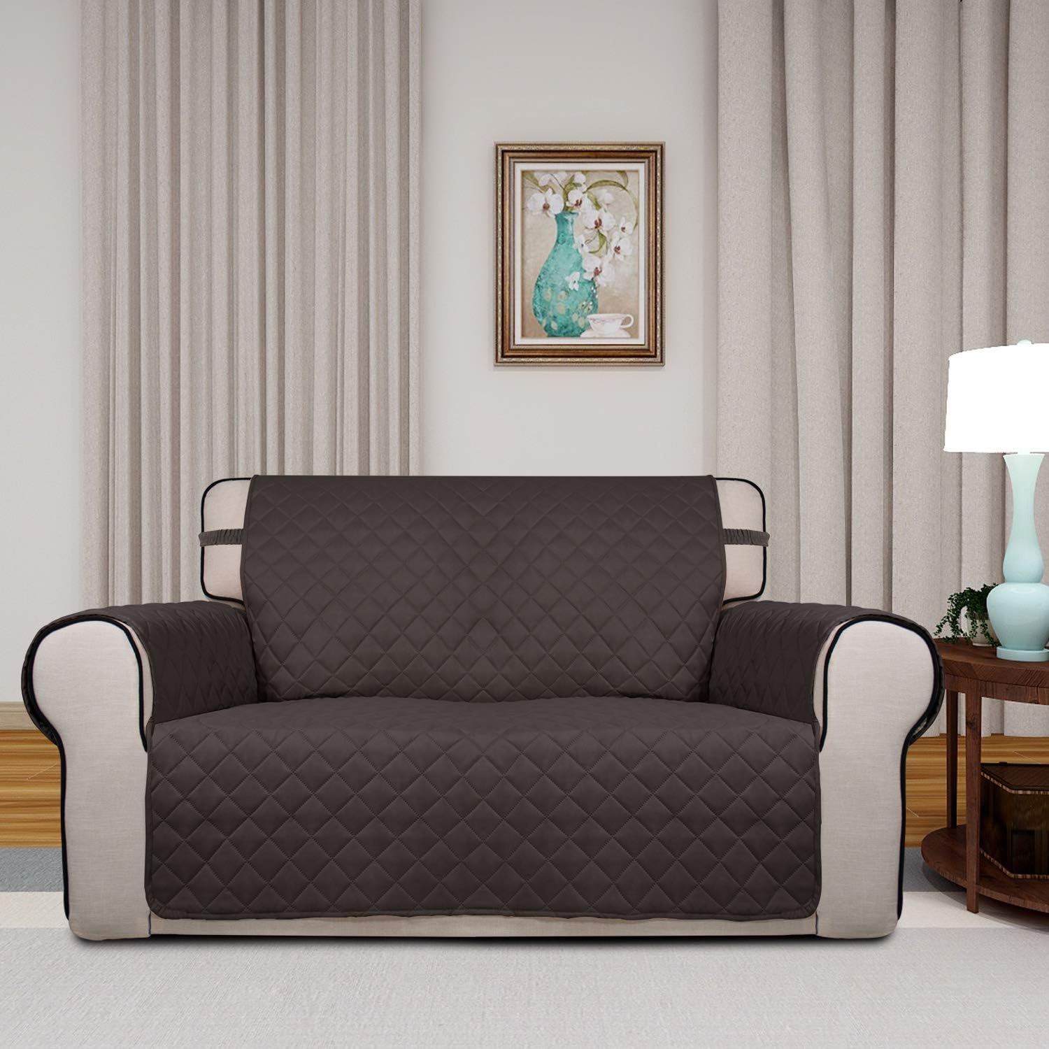 PureFit Reversible Quilted Sofa Cover, Water Resistant Medium Slipcover Furniture Protector, Washable Couch Cover with Non Slip Foam and Elastic Straps for Kids, Pets (Loveseat, Chocolate/Chocolate)
