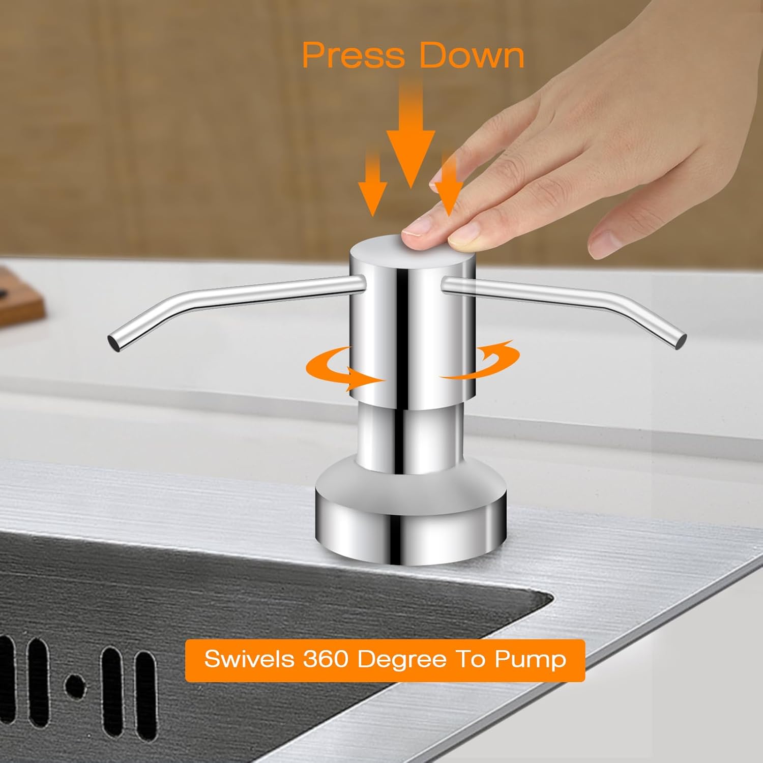 Sink Soap Dispenser for Kitchen Sink, Countertop Built in Sink Soap Dispenser with 47” Extension Tube kit, No Need to Fill The Little Bottle Again (Chrome)