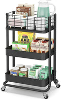 KINGRACK 3 Tier Rolling Cart, Metal Mobile Storage Shelf with Lockable Wheels, Utility Trolley Cart with Wheels, Storage Organizer for Kitchen, Office, Bathroom, Dorm, Black