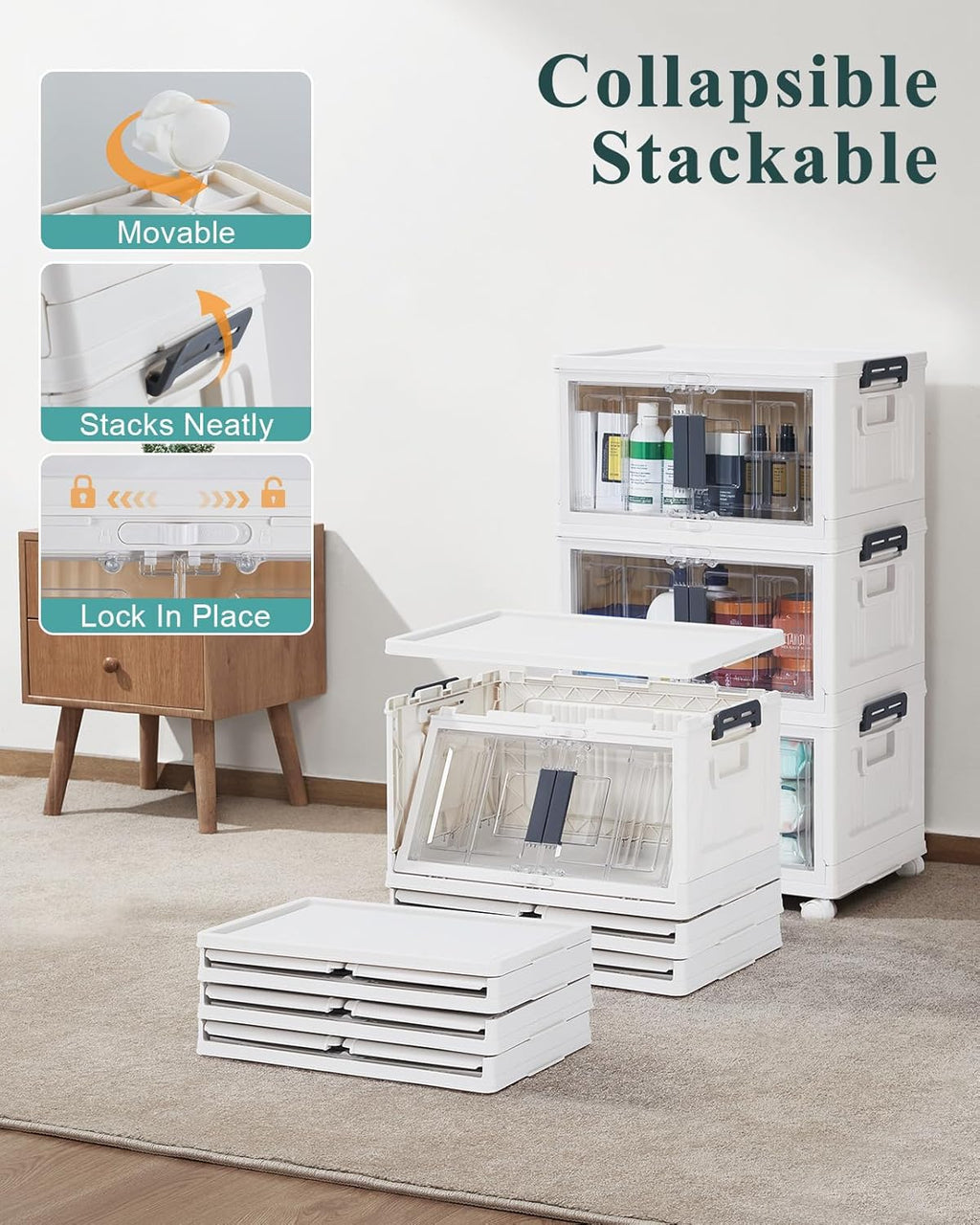 OlarHike 23QT Stackable Storage Bins with Lids - Folding Storage Box with Doors and Wheels, Collapsible Plastic Storage Bins for Closets and Organization, 3 Pack Cubes