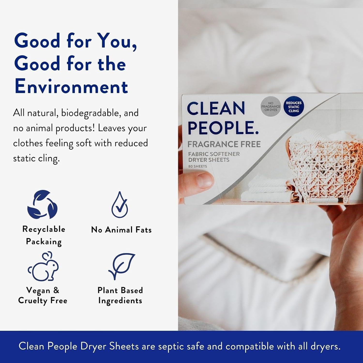 The Clean People Fabric Softener Sheets - Dryer Sheets - Softens & Removes Static Cling - Vegan Laundry Softener, Fragrance Free - Unscented, 120 Pack