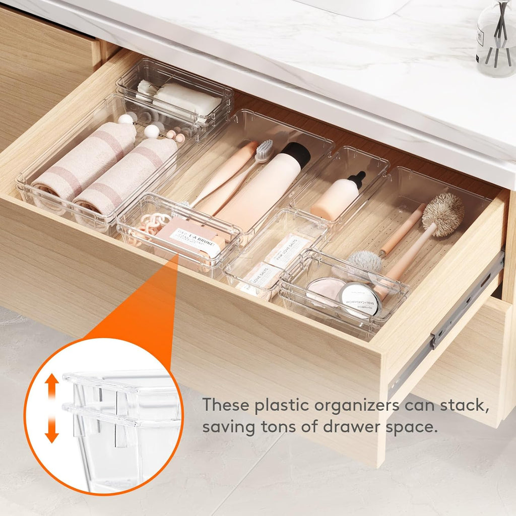 Lifewit 15 Pcs Large Bathroom Drawer Organizers, 3 Sizes Clear Plastic Storage Organizer Trays for Make Up, Kitchen Utensils, Vanity Accessories in Bathroom/Office/Dresser Organization