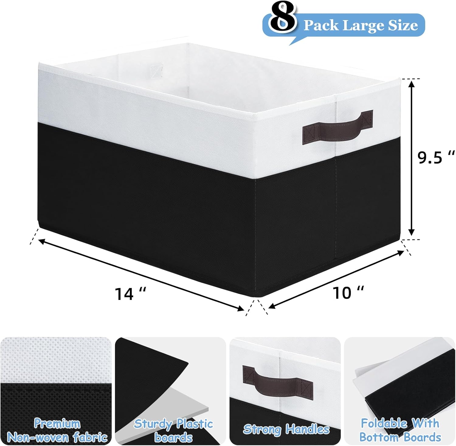 Criusia 8 Pack Large Storage Baskets for Room Organization, Multi-Purpose Bins for Closet, Shelves, Kitchen, Office, Decorative Fabric Foldable Storage Boxes with Handles (14L*10W*9.5H)