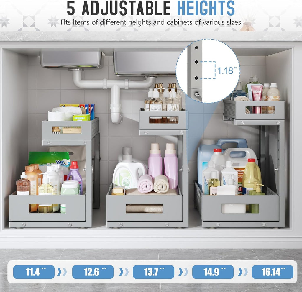 2-Pack Under Sink Storage Organizer, Large 2-Tier Elegant Mesh Pull Out Shelf for Kitchen and Bathroom Cabinet Organization, L-Shaped and Adjustable Height Design-Gun Gray