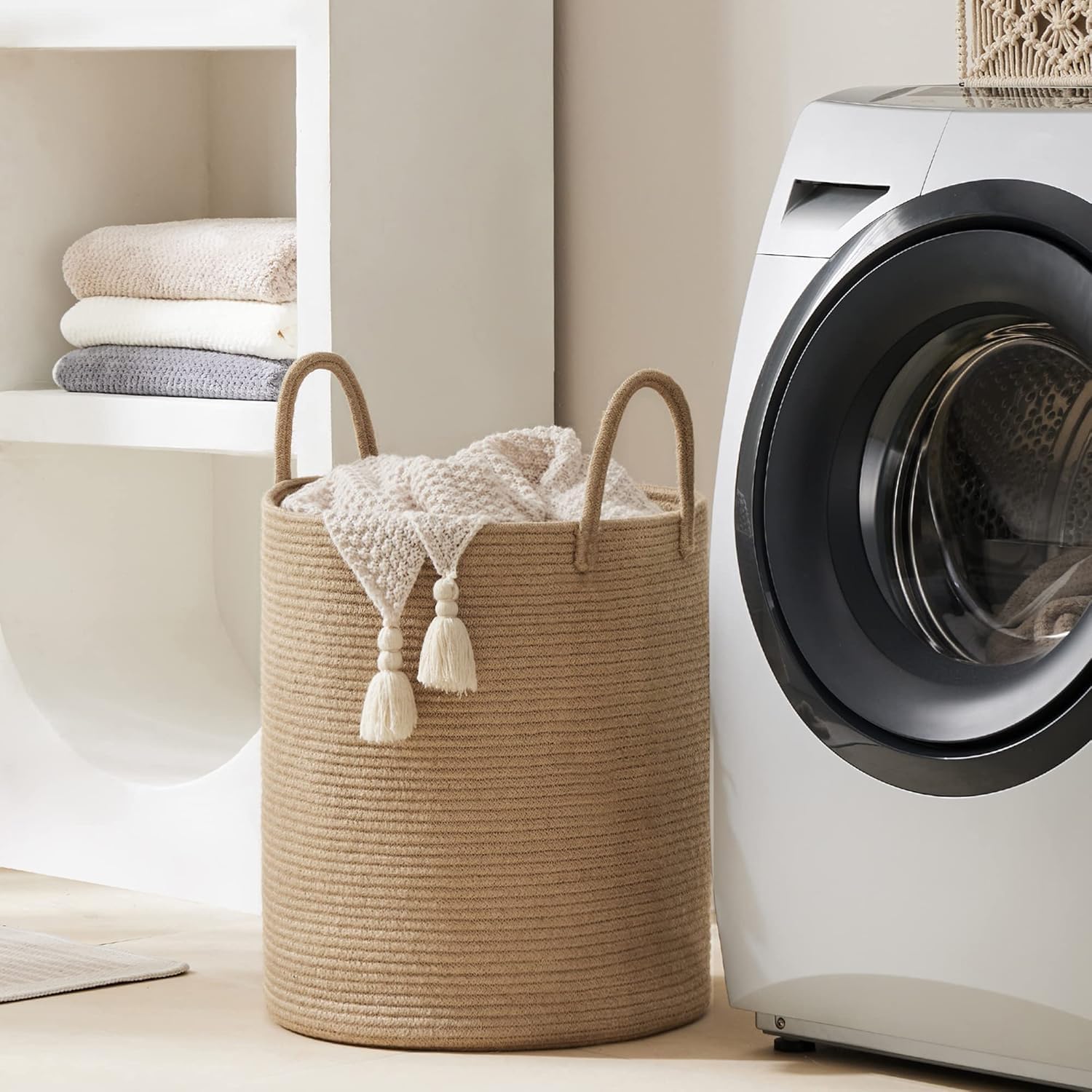 Jute Rope Laundry Hamper Basket by YOUDENOVA, 58L Tall Laundry Basket, Baby Nursery Hamper for Blanket Storage for Bedroom-Large-Jute
