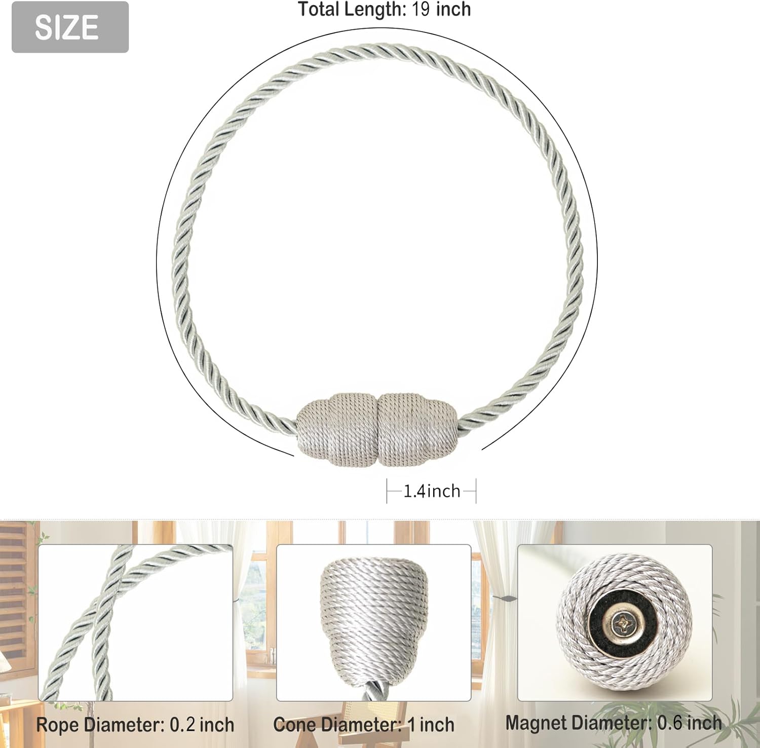 Magnetic Curtain Tiebacks Rope Curtain Tie Backs for Curtains 6 Pack Curtain Holders for Drapes Decorative Window Curtain Holdbacks, Grey