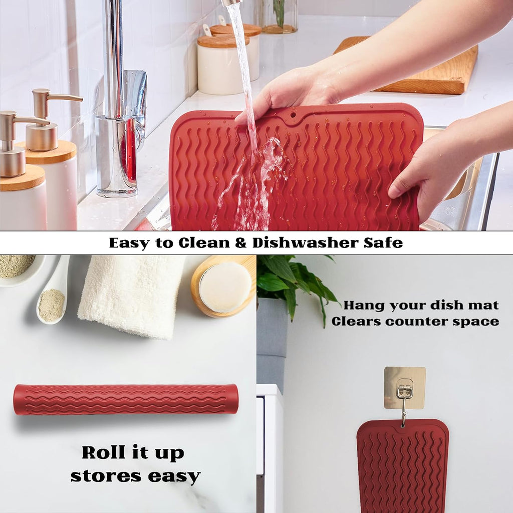 ZLR Silicone Dish Drying Mat for Kitchen Counter, Eco-Friendly Fast Dry Dish Mat, Easy Clean Multi Usage Drying Matt, Heat Resistant Trivet, 12" x 16" Large, Lave Red