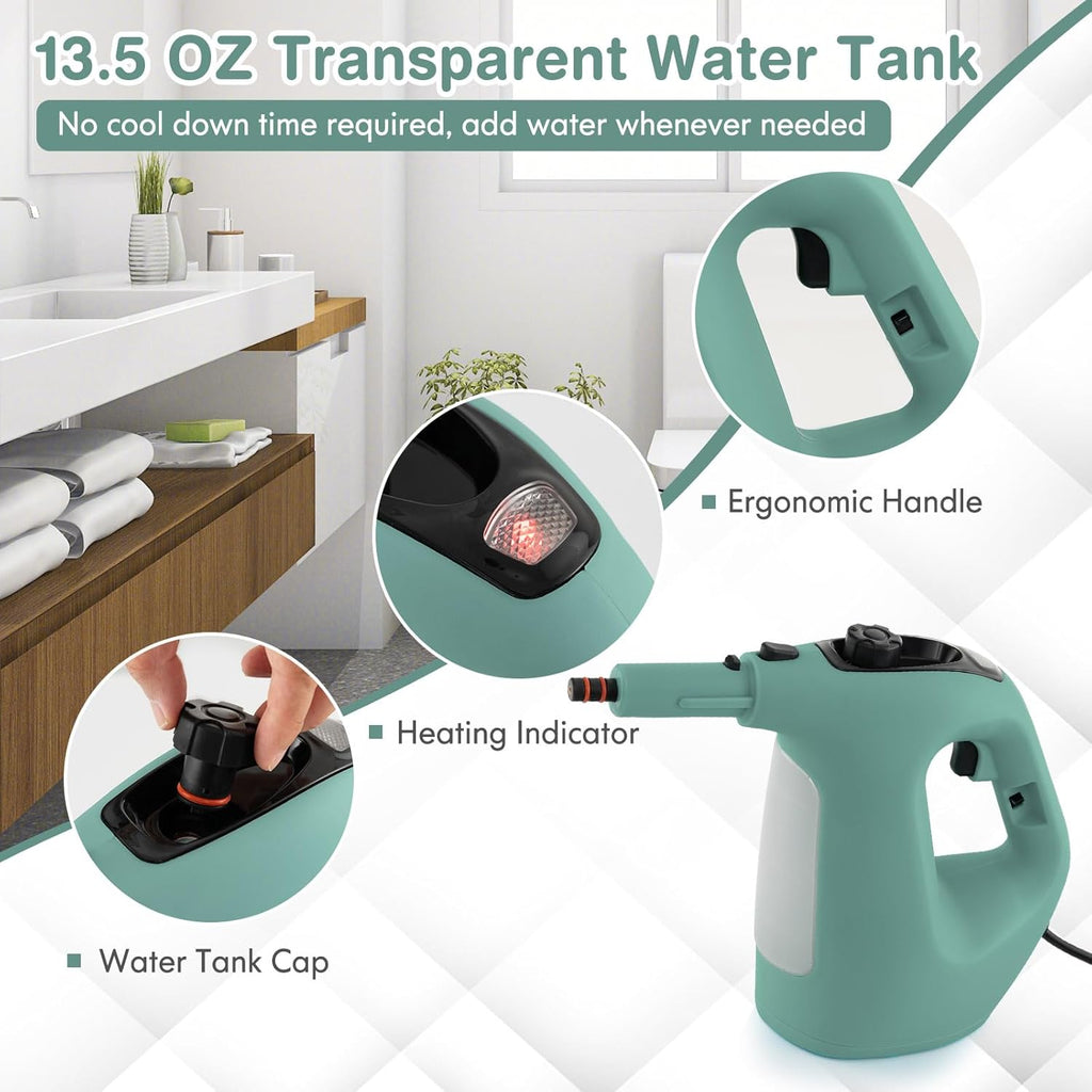 COSTWAY Handheld MultiPurpose Steam Cleaner with 17 Pieces, 350ml Large Capacity Steam Mop Continuous Fill water, Portable Chemical-Free Steamer for Home Use, Floors, Windows, 1400W, Green