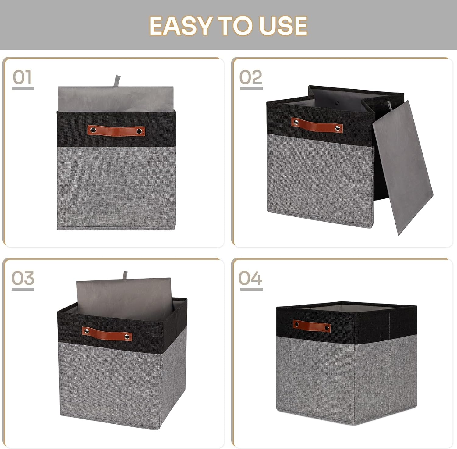 HNZIGE Storage Baskets for Organizing, Set of 4, Square Fabric Storage Cubes Bins 13 x 13, Collapsible Black Storage Bins for Shelves, Closets, Nursery, Home, Office (Black&Grey)