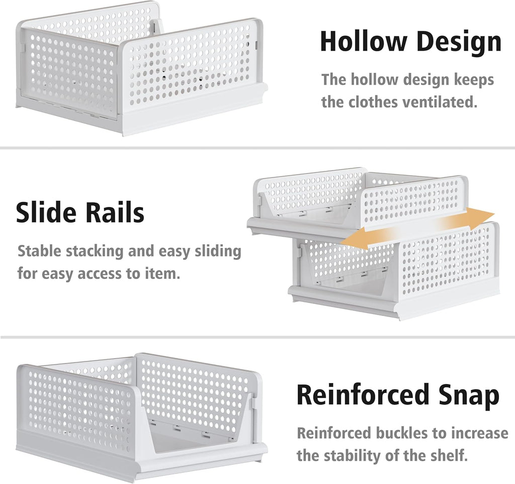 Proarea Stackable Plastic Storage Basket Closet Organizer Bin Foldable Clothes Organizer Storage Drawer Shelf Container for Living Room Bathroom Kitchen Office Laundry Room