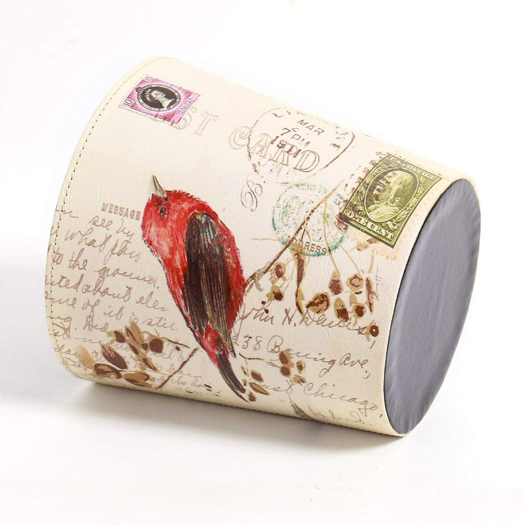 PU Leather Small Trash Can Wastebasket, Round Garbage Container Basket for Bathrooms, Laundry Room, Kitchens, Offices, Kids Rooms, Bedrooms,Dorms,Home Decorative Art Bin, 2.9 Gallon(Bird Design)