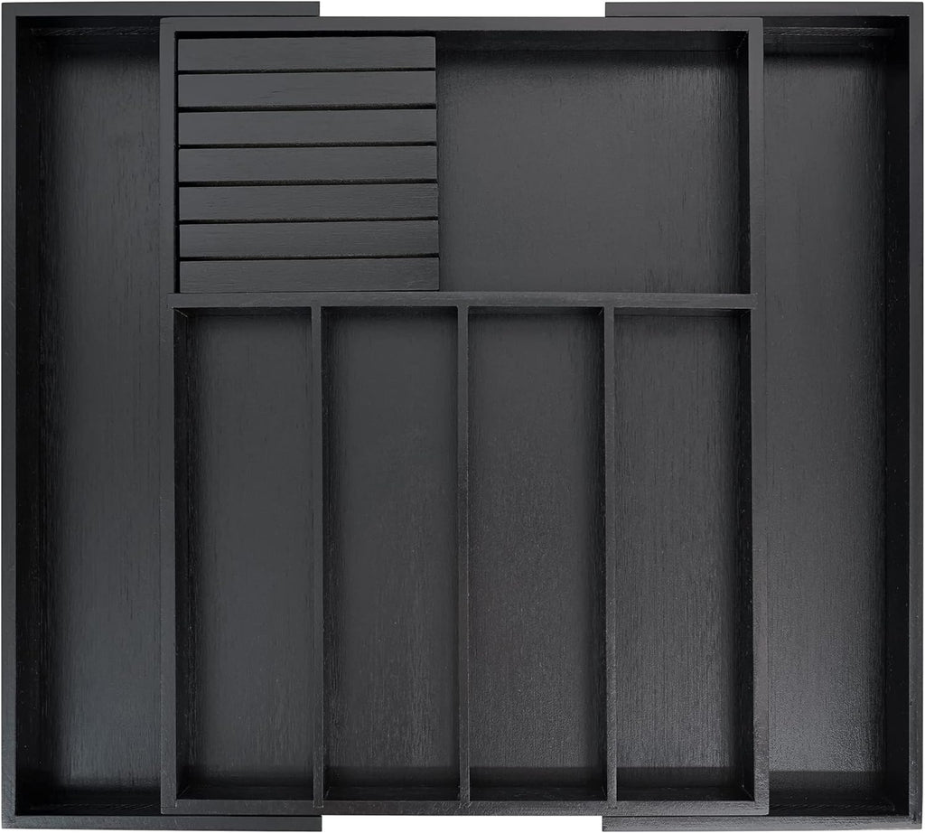 VaeFae Premium Bamboo Silverware Drawer Organizer Kitchen, Expandable Utensil Organizer with Knife Block, Cultery Tray with Divider for Flatware (Black)