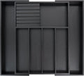 VaeFae Premium Bamboo Silverware Drawer Organizer Kitchen, Expandable Utensil Organizer with Knife Block, Cultery Tray with Divider for Flatware (Black)