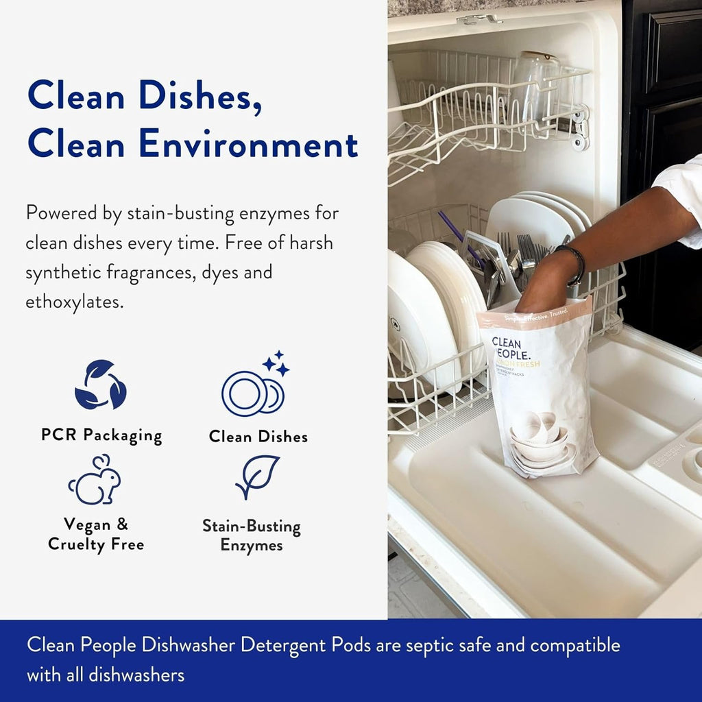 The Clean People Dishwasher Pods - Cuts Grease & Rinses Sparkling Clean - Residue-Free - Phosphate Free Dishwashing Pods (60 Count, Fragrance Free)