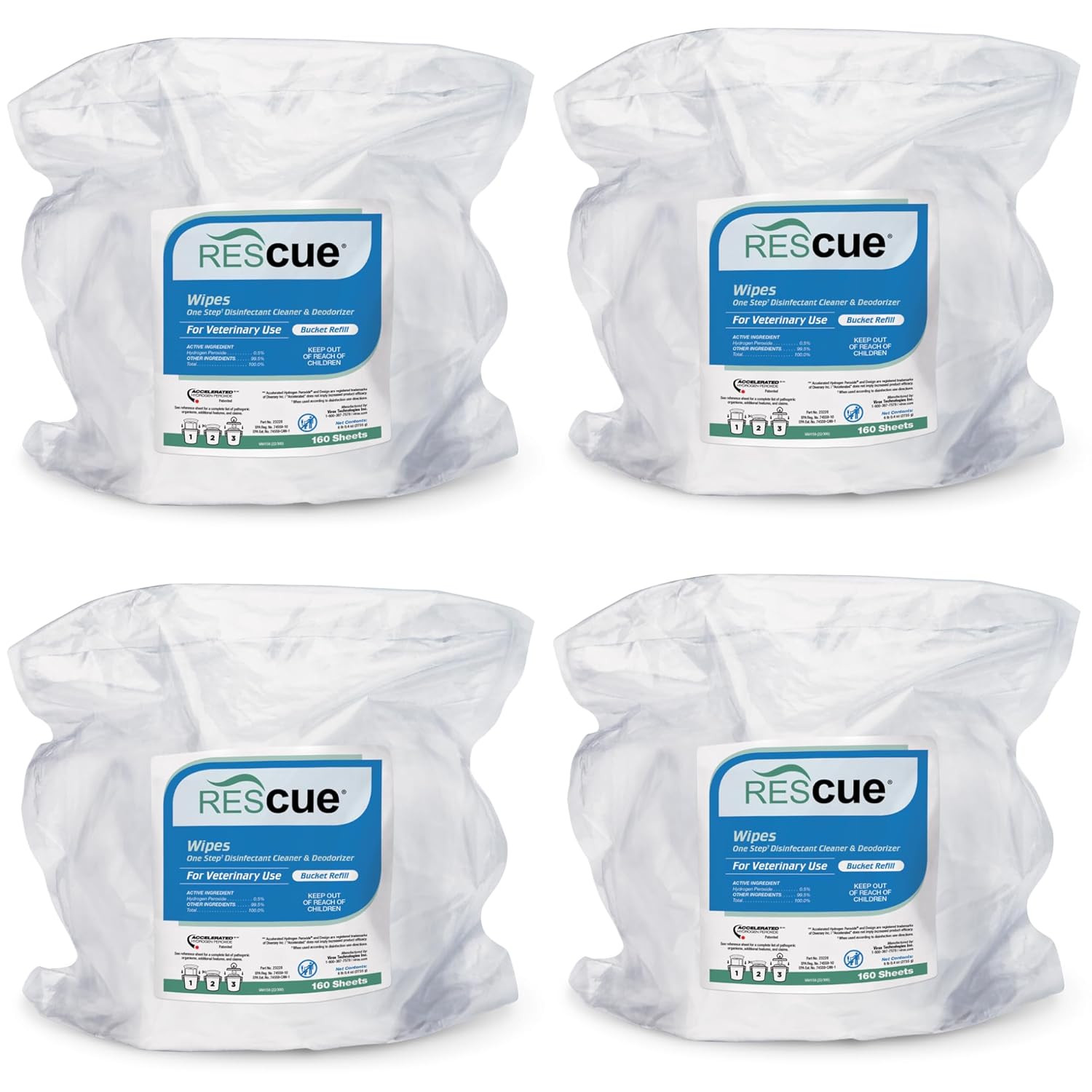 REScue One-Step Disinfectant Cleaner & Deodorizer Wipes for Vet Use – Cleaner for Kennels, Litter Boxes, Vet Offices, Pet Grooming Surfaces – Extra Large Wipes, 160-Count Bucket Refill (4 Pack)