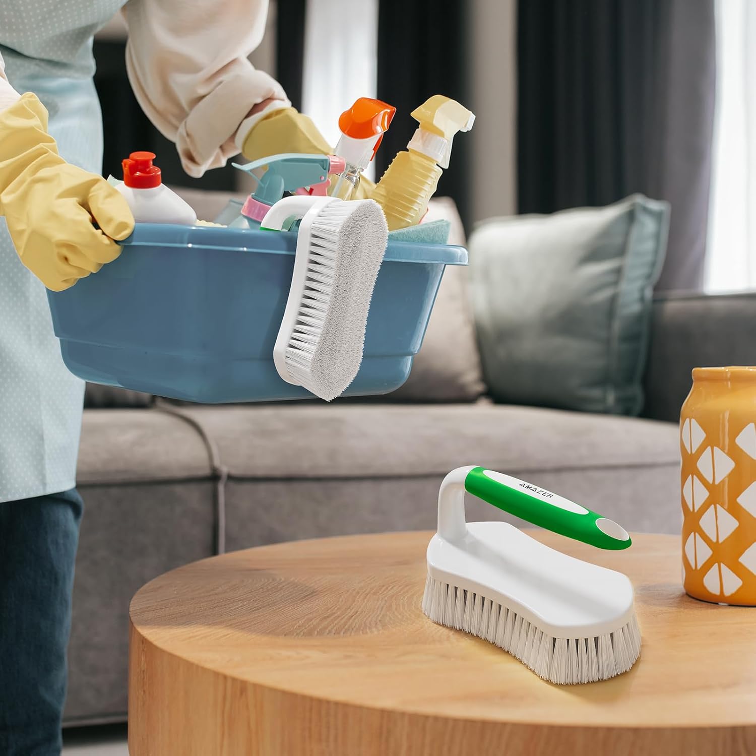 Amazer Scrub Brush for Cleaning Comfort Grip Shower Scrubber Stiff Bristles with Handle Heavy Duty Cleaner Brush for Tub Sink Carpet Floor - Pack of 2 (Green+Green)