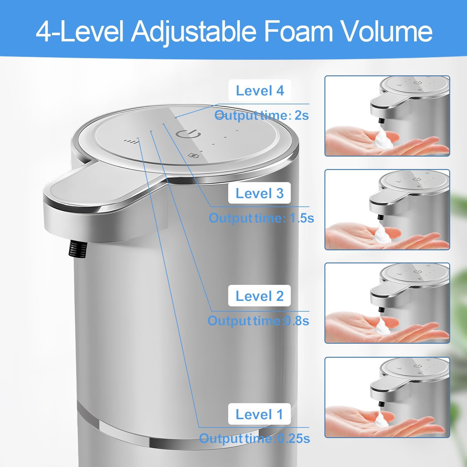 Automatic Foaming Soap Dispenser - Hand Free Pump Touchless Soap Dispenser USB Rechargeable Dispenser with 380ml, 4levels Adjustable Dispenser for Bathroom Kitchen