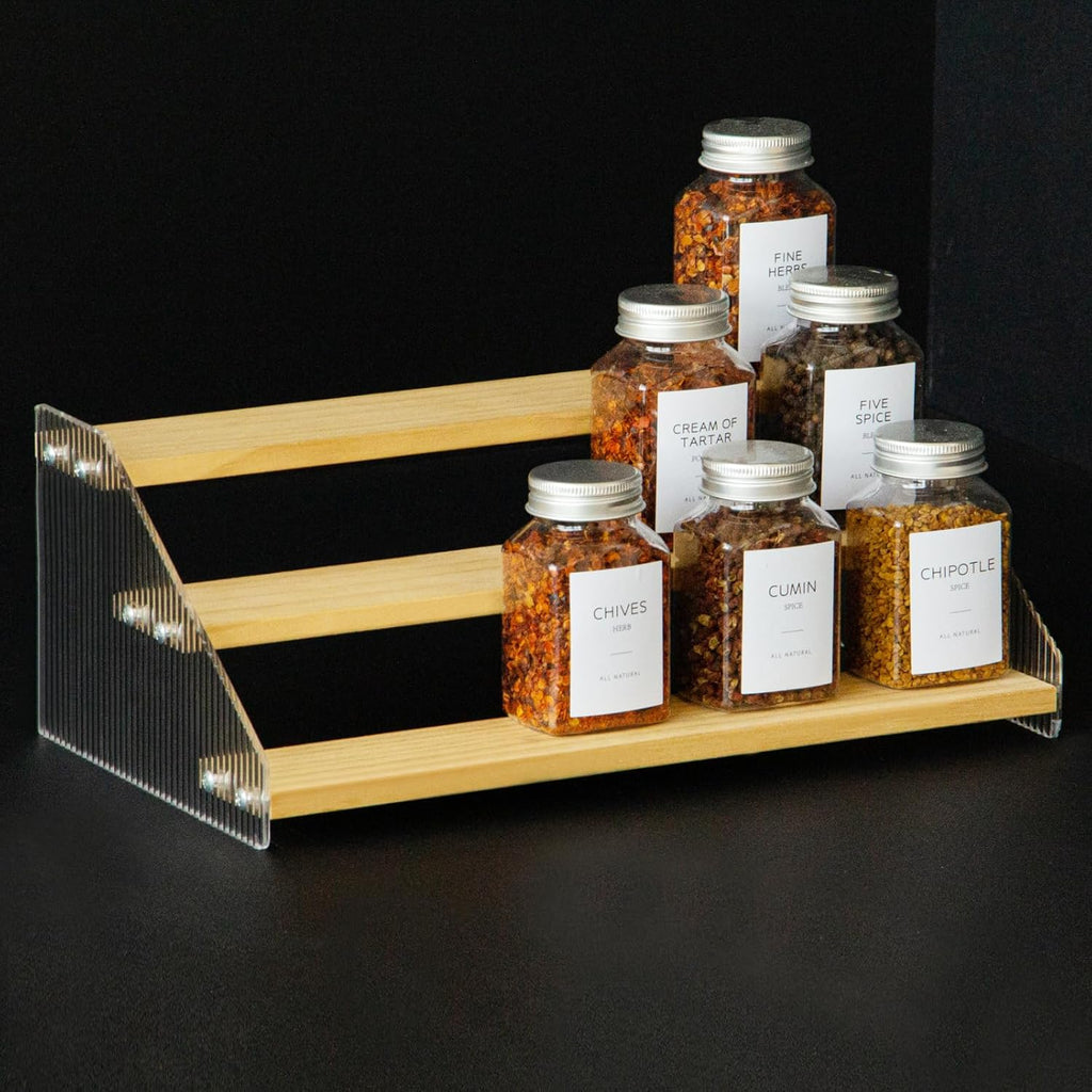 nianfeng Tiered Spice Rack, 3-Tier Spice Pantry Kitchen Cabinet Organizer, 12-Inch, Natural Wood Acrylic Stair Riser Stand, Countertop Seasoning Shelf