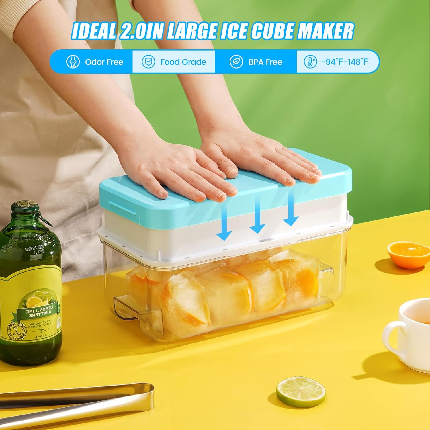 PHINOX Large Ice Cube Tray with Lid and Bin, Ice Trays for Freezer, 2 INCH Whiskey Ice Cubes Mold, 2*8 pcs Square Ice Cube Mold with Tong, Easy to Release, Large Ice Tray for Whiskey Cocktail Bourbon